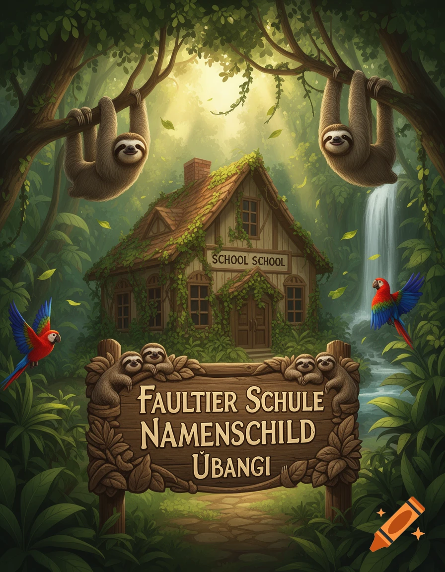 A whimsical cartoon jungle scene with a treehouse-like school building covered in vines. Two smiling sloths hang from tree branches above, and a waterfall flows behind. In the foreground, a wooden sign decorated with sloths reads "FAULTIER SCHULE NAMENSCHILD ÜBANGI", flanked by colorful parrots.