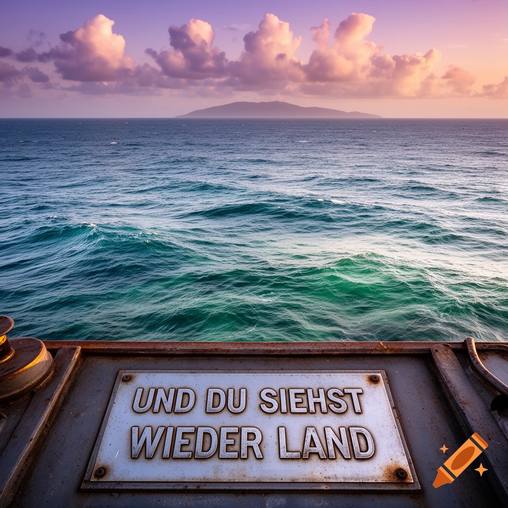 A photorealistic seascape of a vast blue ocean with an island under a dramatic purple and orange sunset sky. A sign reads 'UND DU SIEHST WIEDER LAND'.