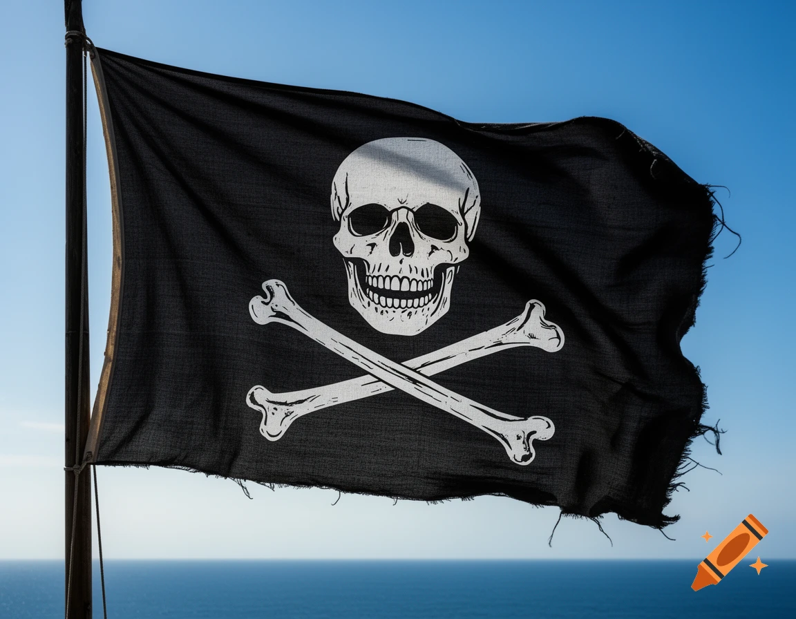 A black pirate flag with a white skull and crossbones emblem waves against a clear blue sky above the ocean.