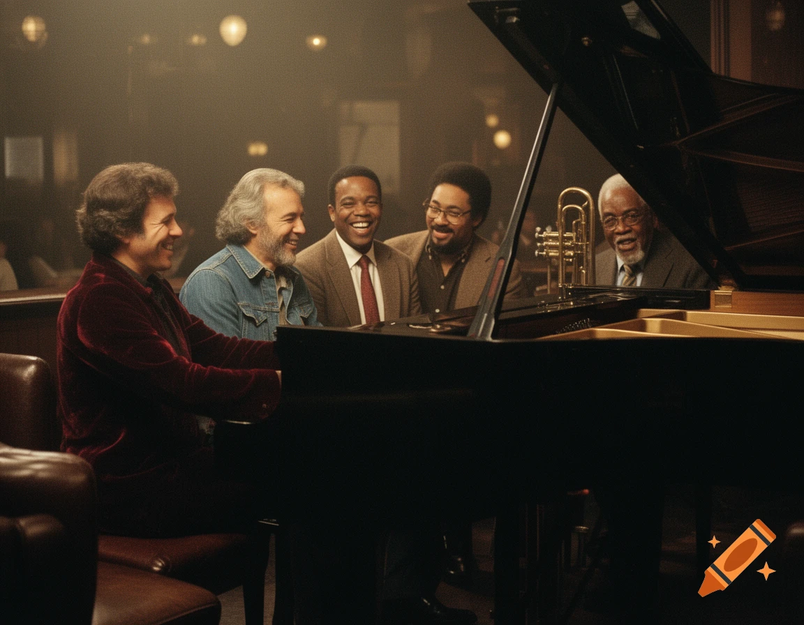 A group of smiling men, resembling jazz legends, gather around a grand piano in a dimly lit, smoky jazz club from the 1970s.