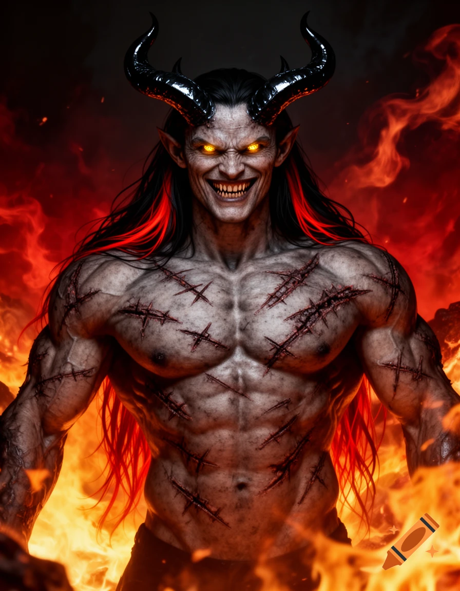 A muscular demon with black horns, glowing golden eyes, and a fanged grin, featuring ashen skin with scars and black hair with red streaks, stands against a fiery background.
