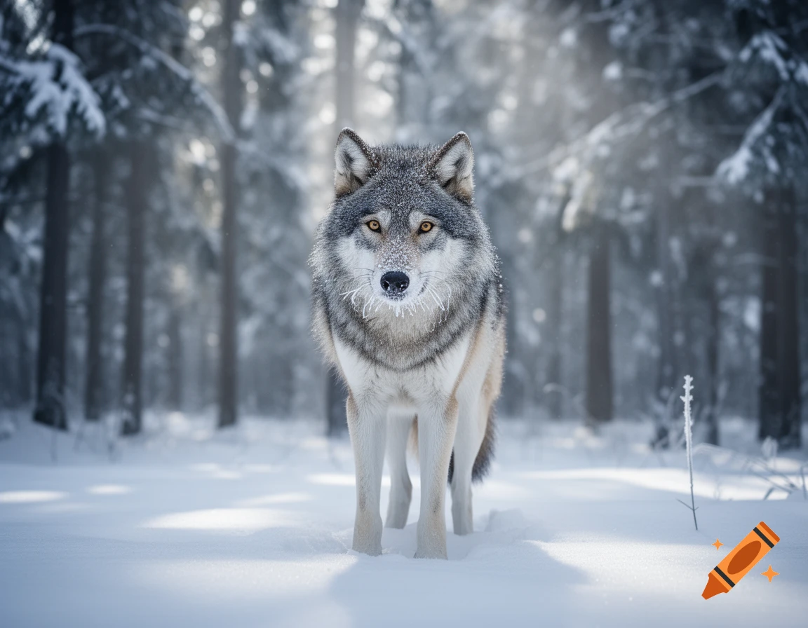 A photorealistic wolf with frost on its snout stands in a snow-covered forest.