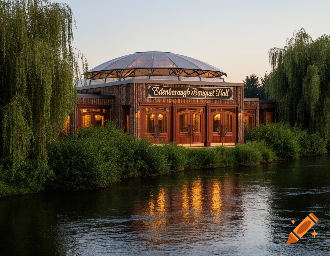 Edenborough Banquet Hall, a wooden building with a glass dome roof, next to a river with willow trees.