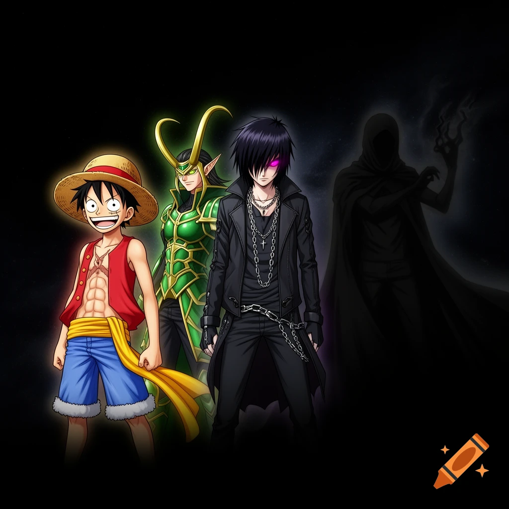 Anime style image of Luffy, Loki, a gothic character, and a shadowy hooded figure standing side-by-side.