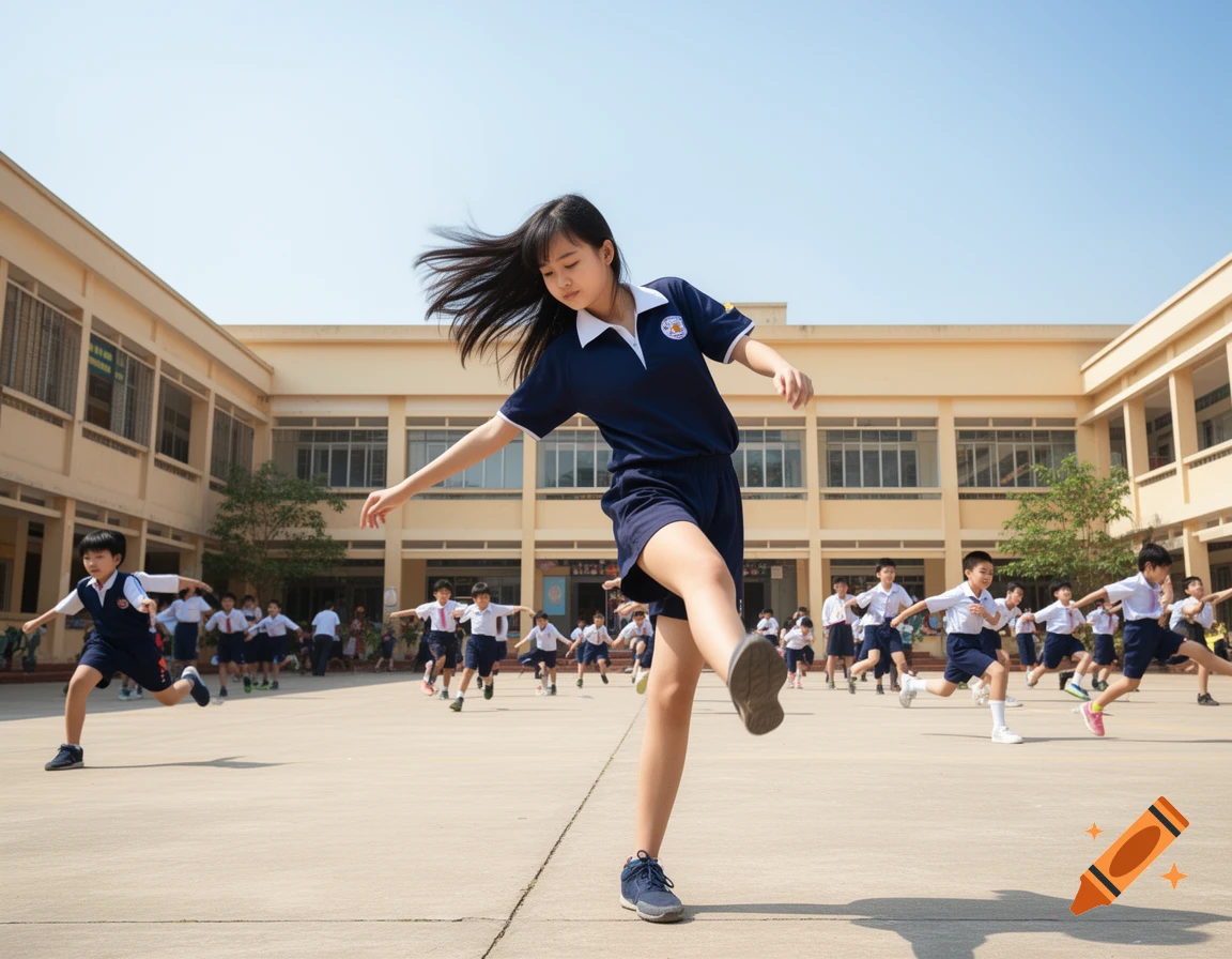 Vietnamese schoolchildren in blue and white uniforms play in a sunny schoolyard.