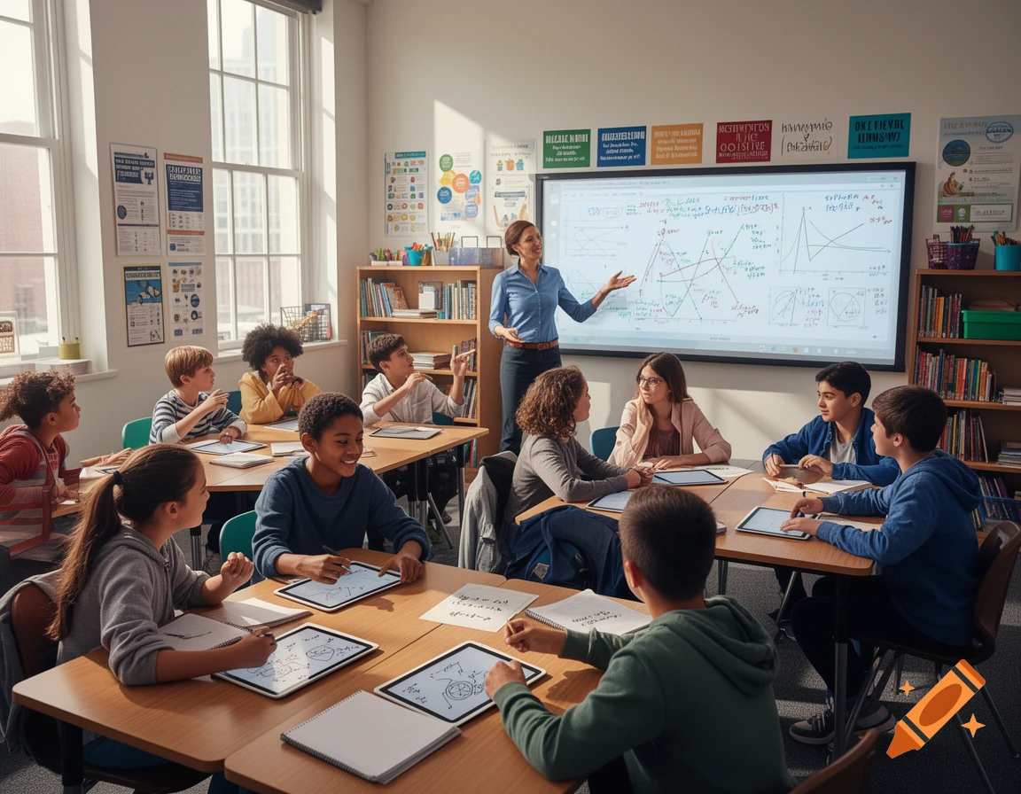 A diverse group of elementary students and a female teacher interact in a modern, sunlit classroom. The teacher points at a large interactive screen with diagrams, while students work on tablets and notebooks at wooden desks.