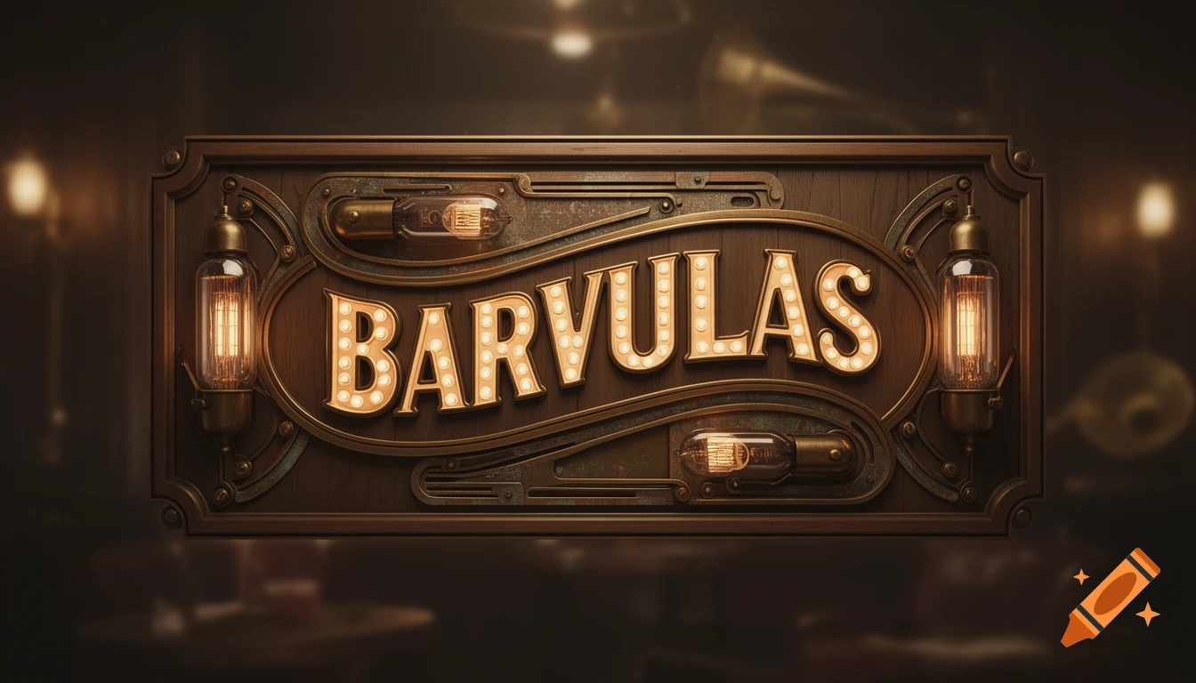A detailed vintage-style wooden bar sign with illuminated gold letters spelling 'BARVULAS', adorned with glowing vacuum tubes and metallic accents.