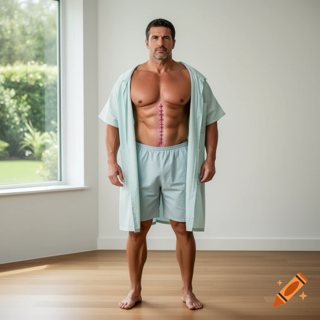 A muscular man in a light blue hospital gown and shorts stands indoors, revealing a sutured abdominal incision.