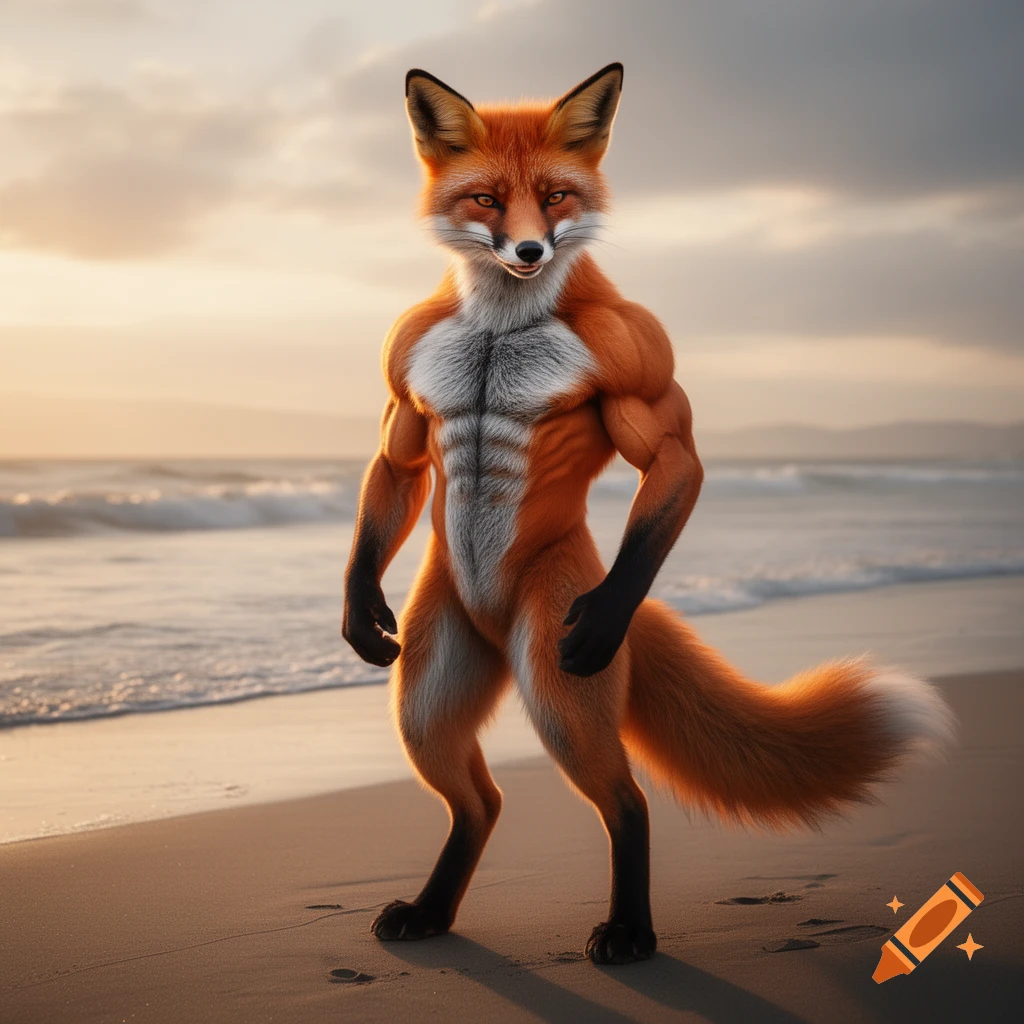 A muscular anthropomorphic fox stands confidently on a sandy beach with ocean waves and a sunset sky in a photorealistic style.