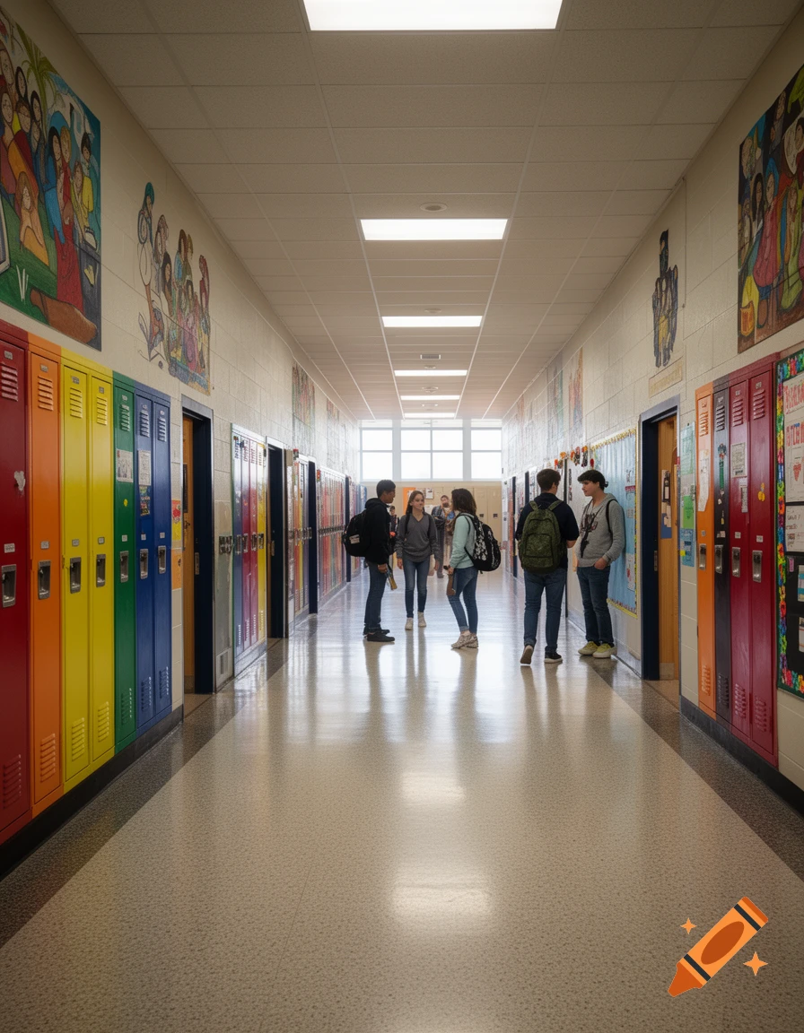 Students walk through a brightly lit school hallway lined with colorful lockers and murals.