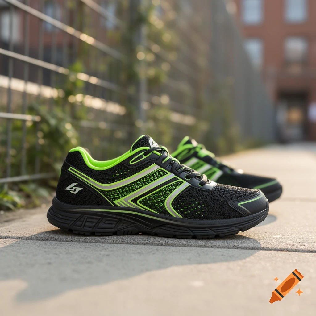 A pair of black and neon green running shoes on a concrete sidewalk, with another shoe blurred in the background, photorealistic style.