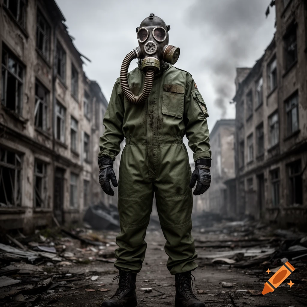 A person in an olive green ABC protective suit and GP5 gas mask stands in a desolate, ruined city street under an overcast sky, photorealistic.