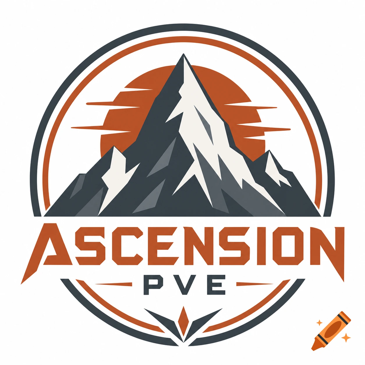 A stylized logo with dark mountains, white peaks, and an orange sun inside a circular border, featuring the text "ASCENSION PVE".