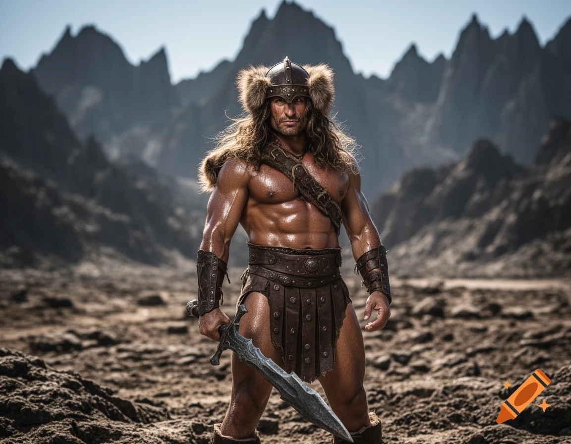 A photorealistic image of a muscular barbarian warrior with a fur helmet and leather armor, holding a sword in a desolate, rocky landscape with mountains.