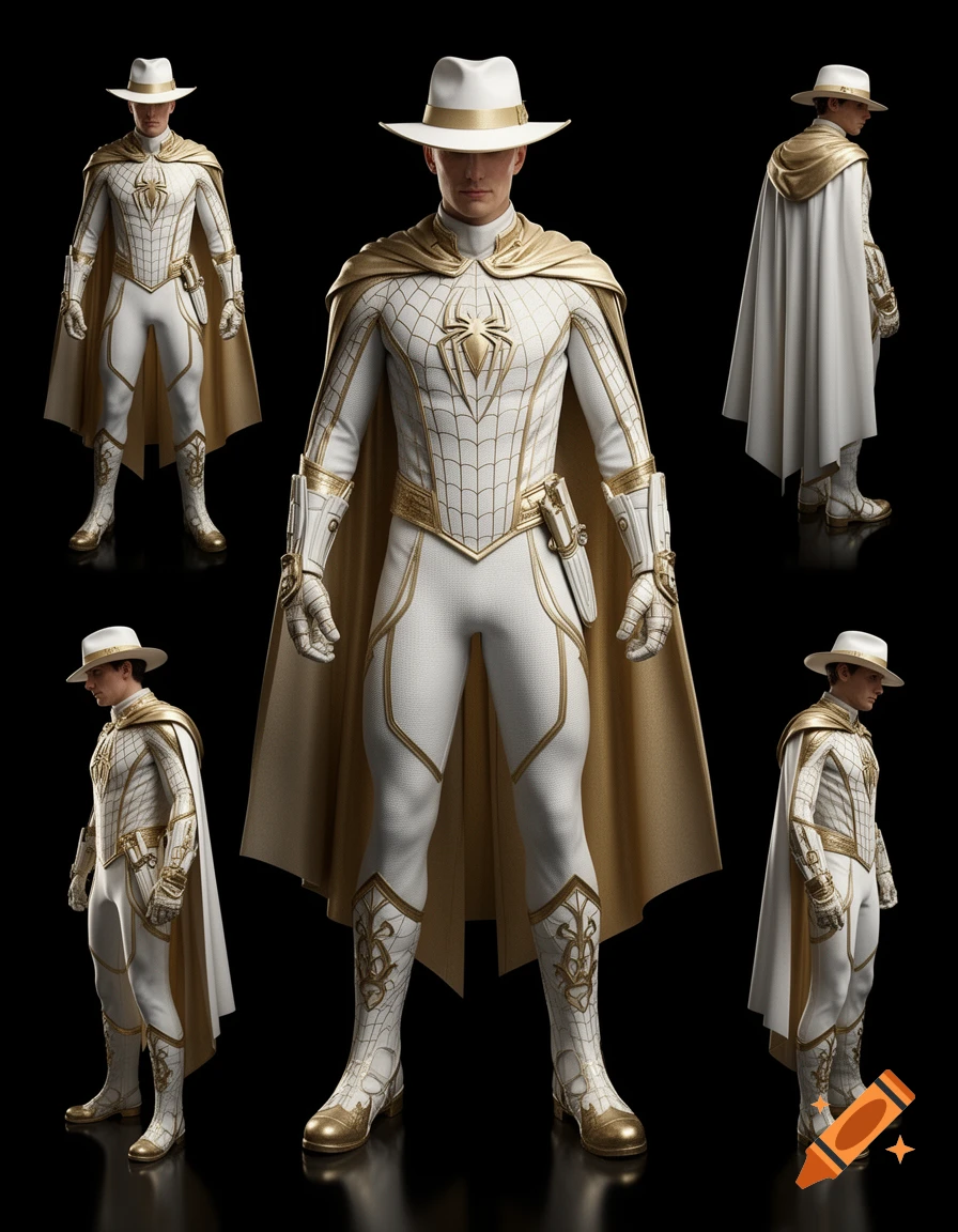 Multiple views of a man in a white and gold spider-themed superhero costume with a fedora and cape, against a black background.
