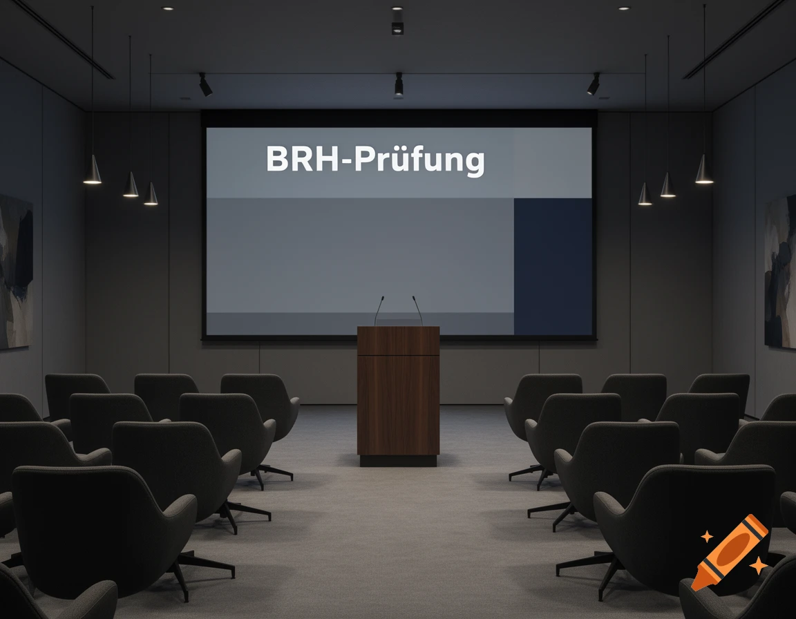 Empty modern conference room with gray chairs, a wooden podium, and a large screen displaying "BRH-Prüfung".