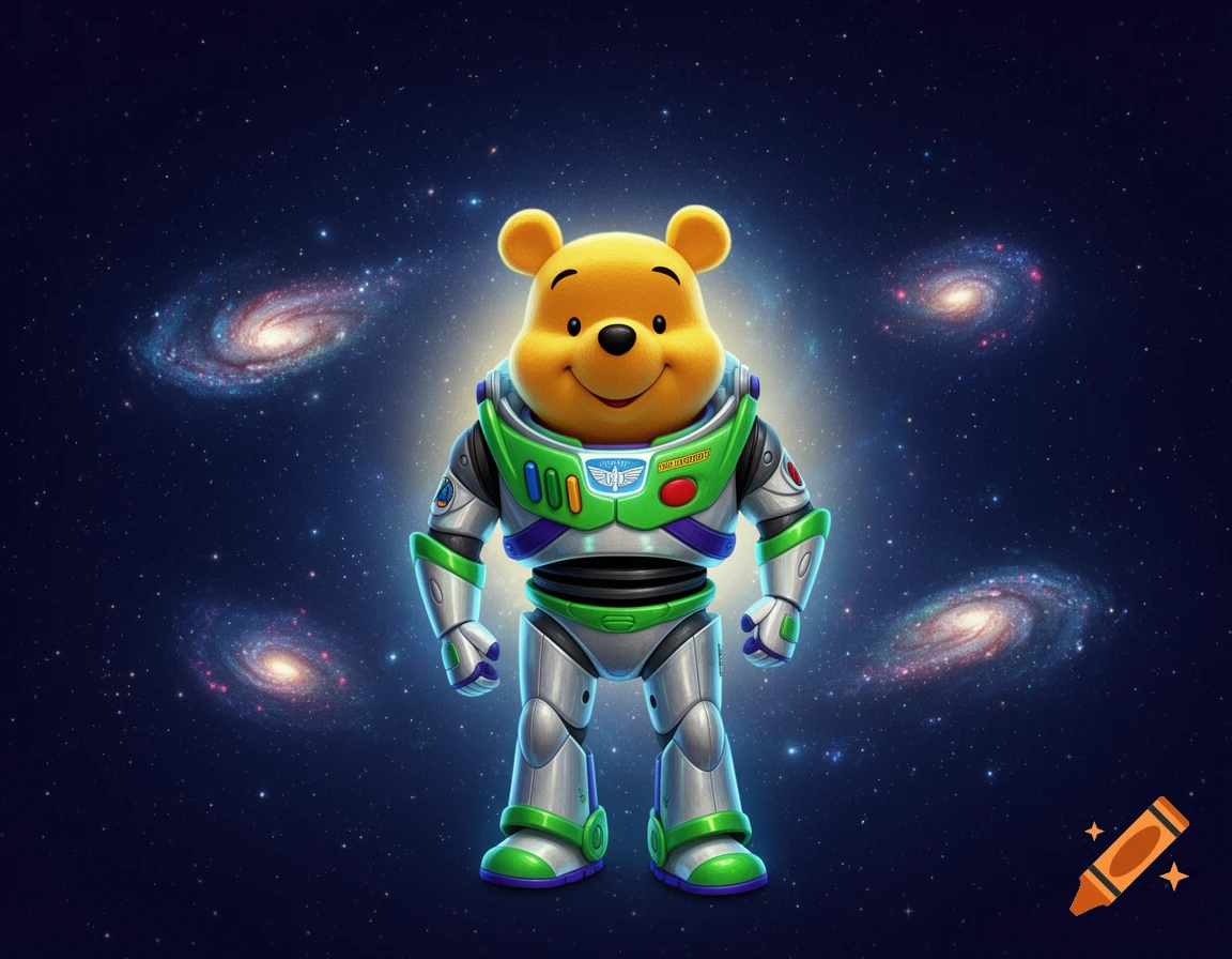 Winnie the Pooh wearing a detailed Buzz Lightyear space suit, standing in deep space surrounded by swirling galaxies.