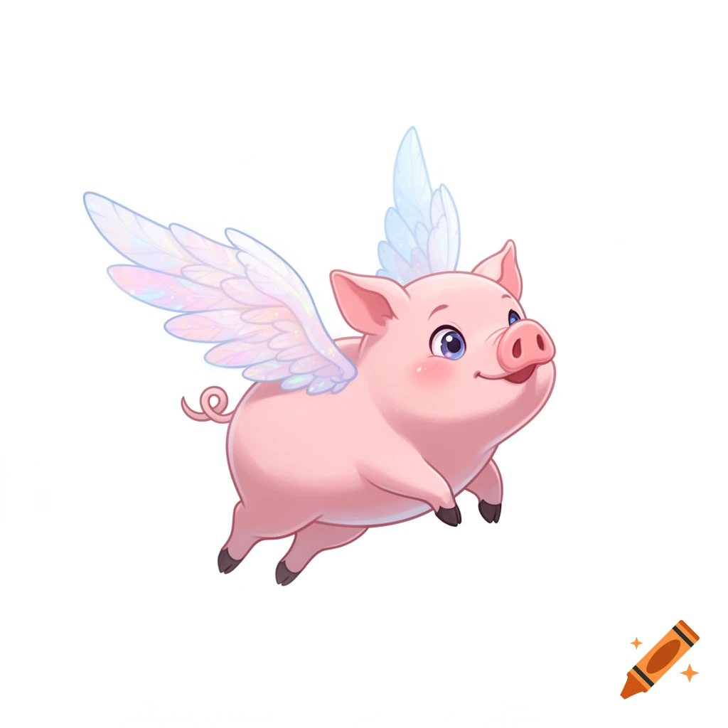 A cute, pink cartoon pig with shimmering light blue and pink wings flies with a happy expression on a white background.