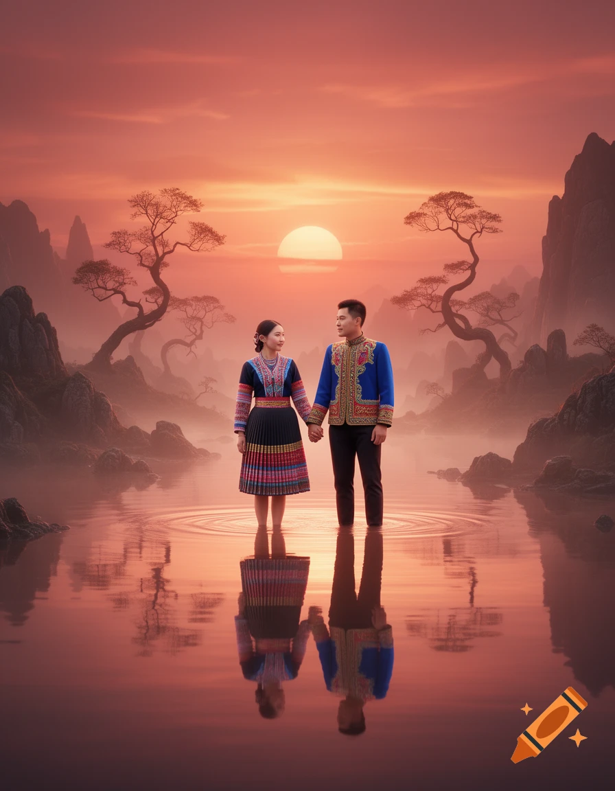 Hmong couple holding hands, standing in water at sunset, surrounded by misty mountains and trees, reflecting in the calm water.