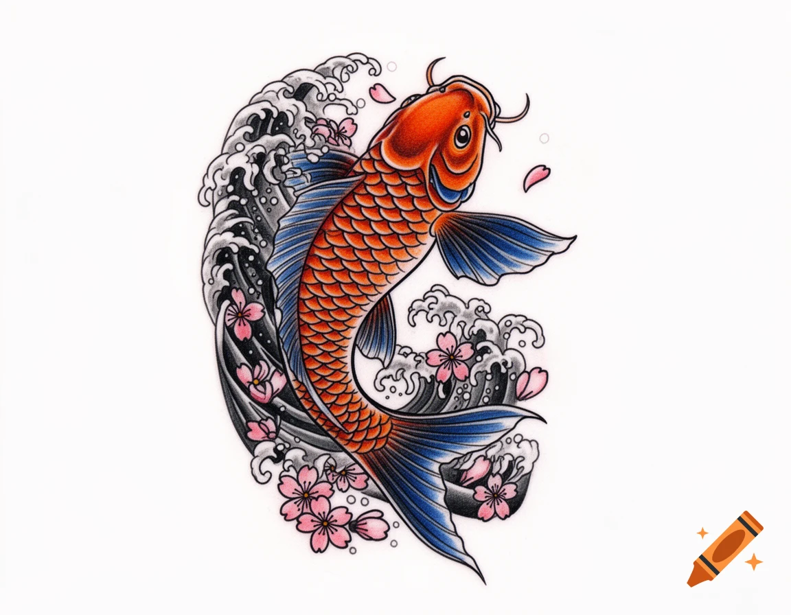 A vibrant orange and blue koi fish swimming amidst stylized grey waves and pink cherry blossoms on a white background.