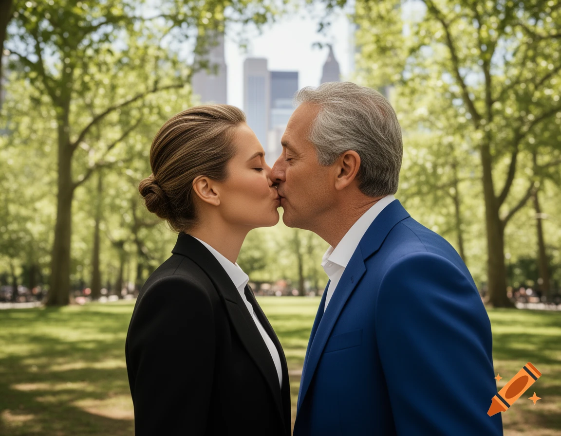 A man and a woman in business attire kiss outdoors in a park with blurred city buildings in the background.