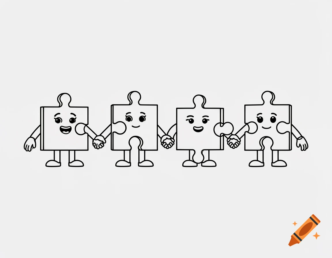 Four happy cartoon puzzle pieces with faces, arms, and legs holding hands, drawn in black outline on a white background.