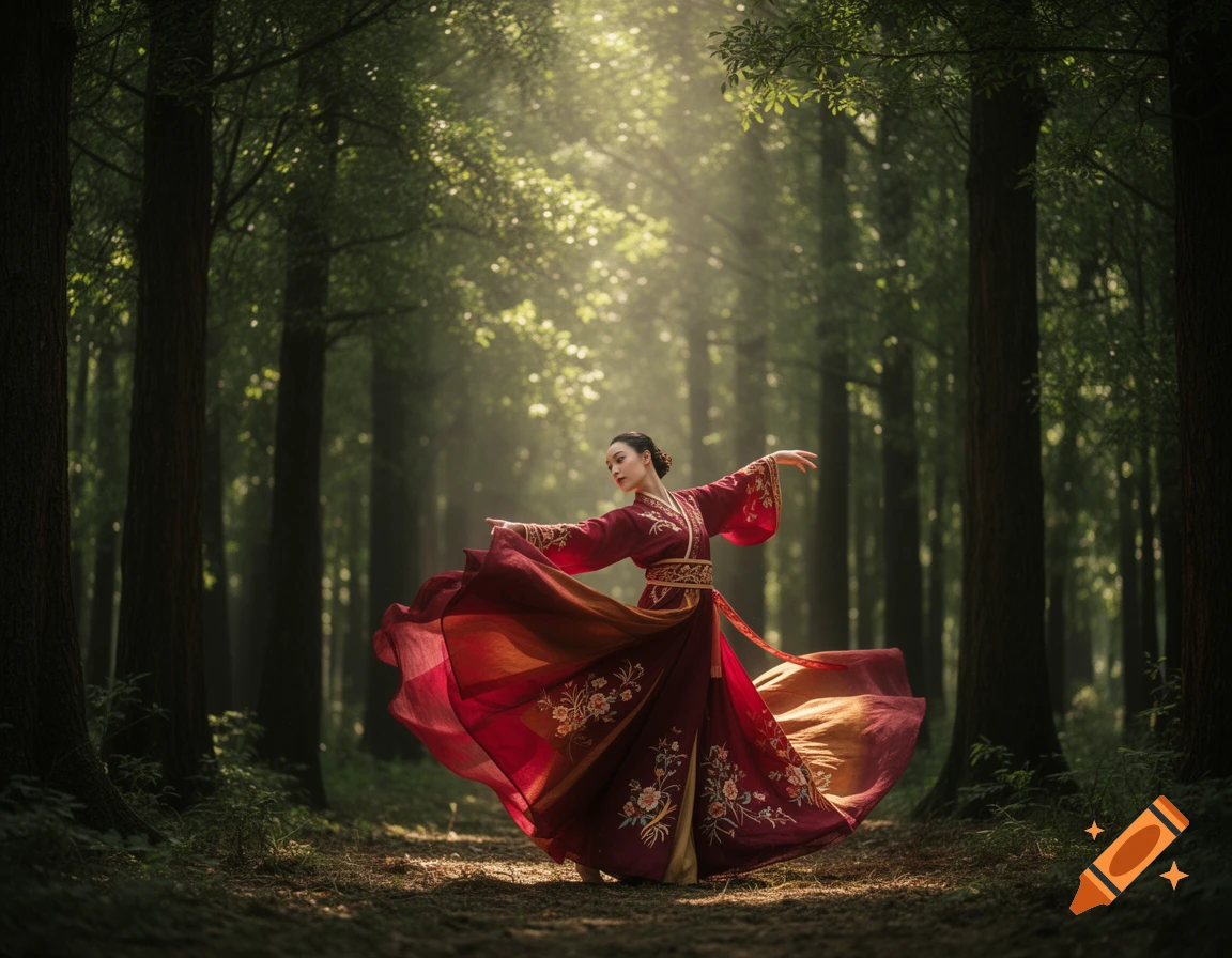 A woman in a flowing red and gold hanfu dances gracefully in a sun-dappled forest, surrounded by tall trees. Photorealistic style.