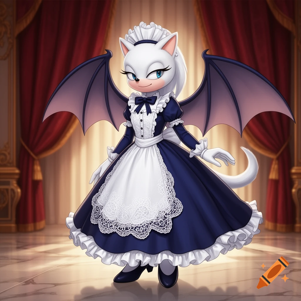 Rouge the Bat in a blue and white frilly maid dress, with large bat wings, standing against red curtains.