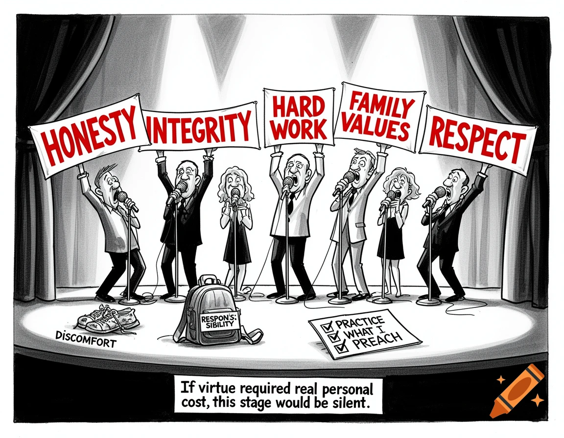 A satirical cartoon shows six people on a stage holding banners with virtues like HONESTY and RESPECT, while avoiding items like a backpack labeled "RESPON'S: SIBILITY" and shoes labeled "DISCOMFORT". A sign reads: "If virtue required real personal cost, this stage would be silent." Black and white with red accents.