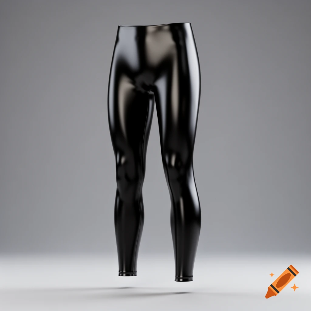 A pair of shiny black latex leggings on a mannequin against a gray background.