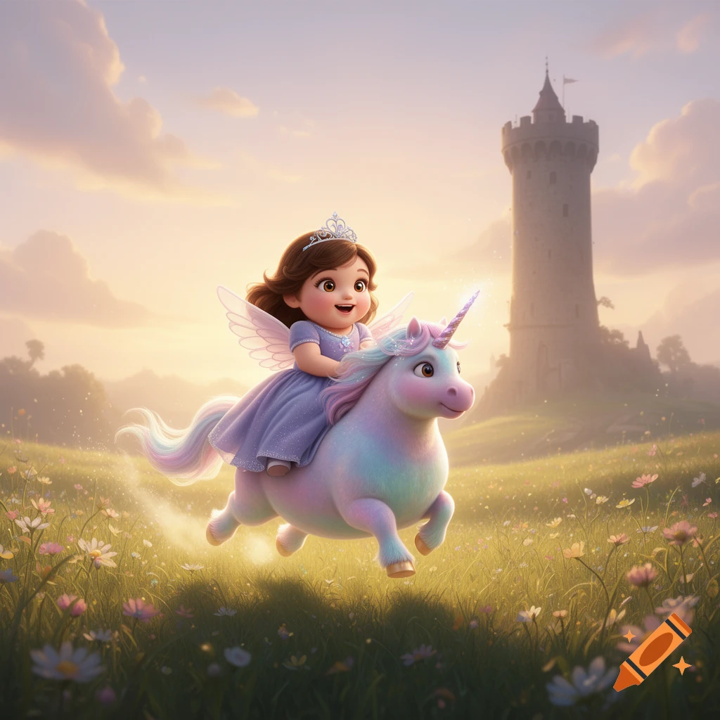 A chubby brown-haired princess with a crown and tiny wings rides a colorful unicorn through a sunlit meadow towards a castle.
