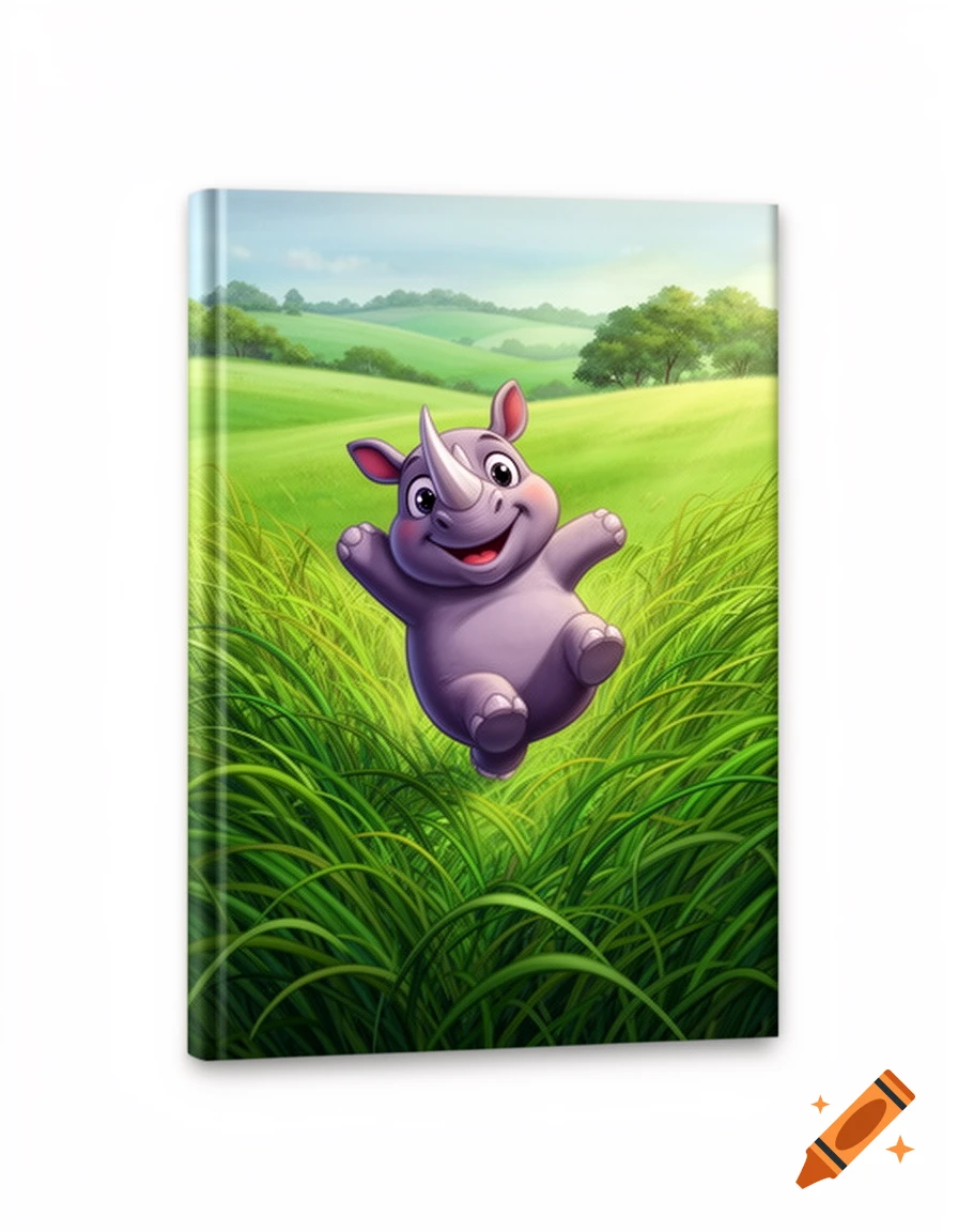 A happy, playful cartoon baby rhino leaps through tall green grass on a book cover illustration, with rolling hills in the background.