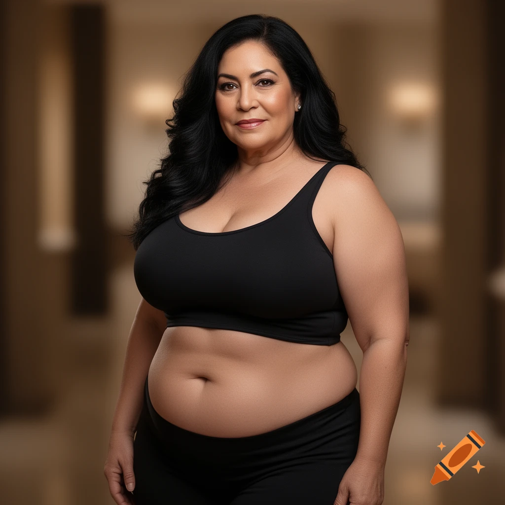 A smiling curvy woman with long dark hair, wearing a black sports bra and leggings, stands in a hallway.