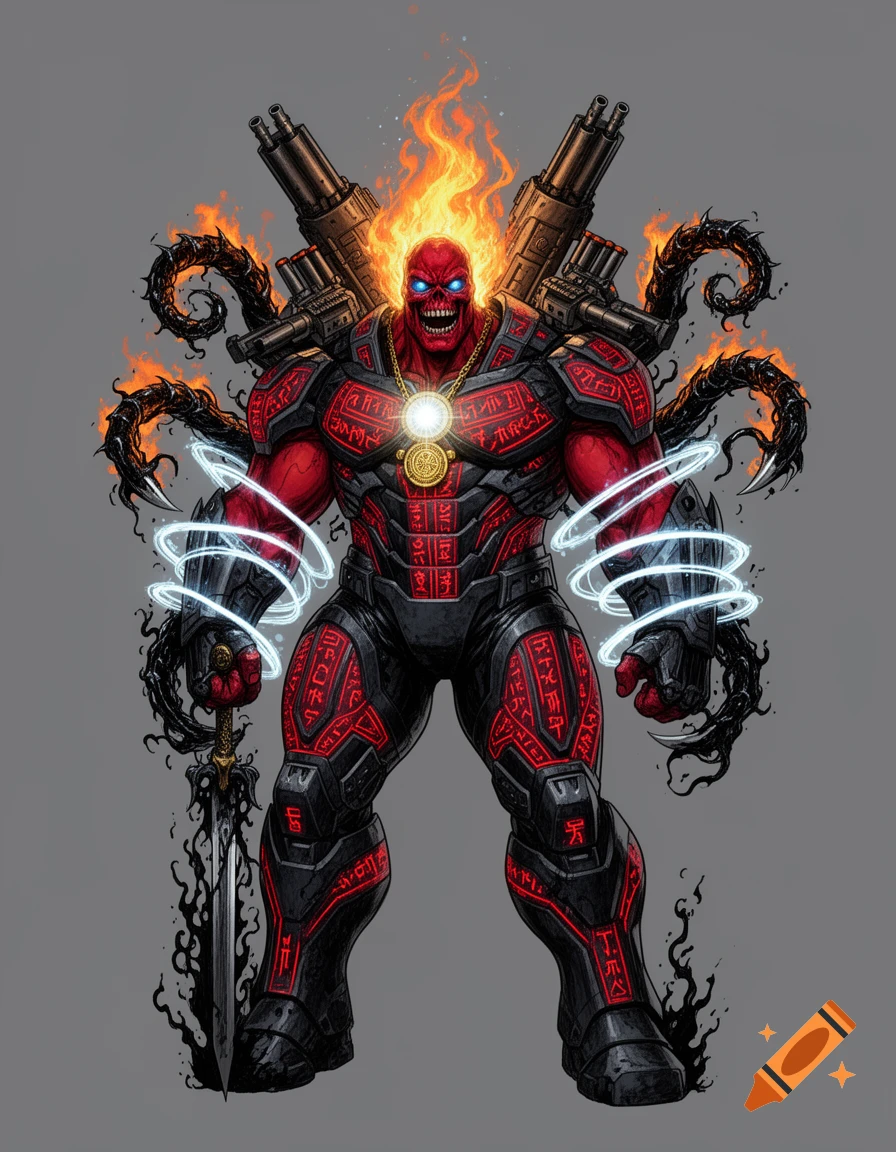 A towering, muscular red monster with a flaming skull head, black armor with red runes, miniguns, tendrils, glowing rings, and a dark sword.