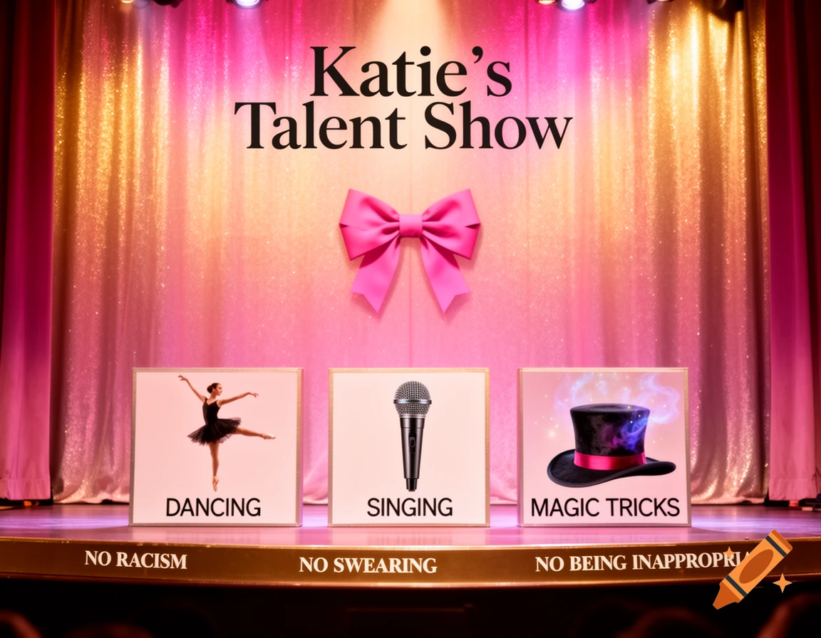 A pink and gold stage for Katie's Talent Show, featuring a pink bow and three panels for dancing, singing, and magic tricks.