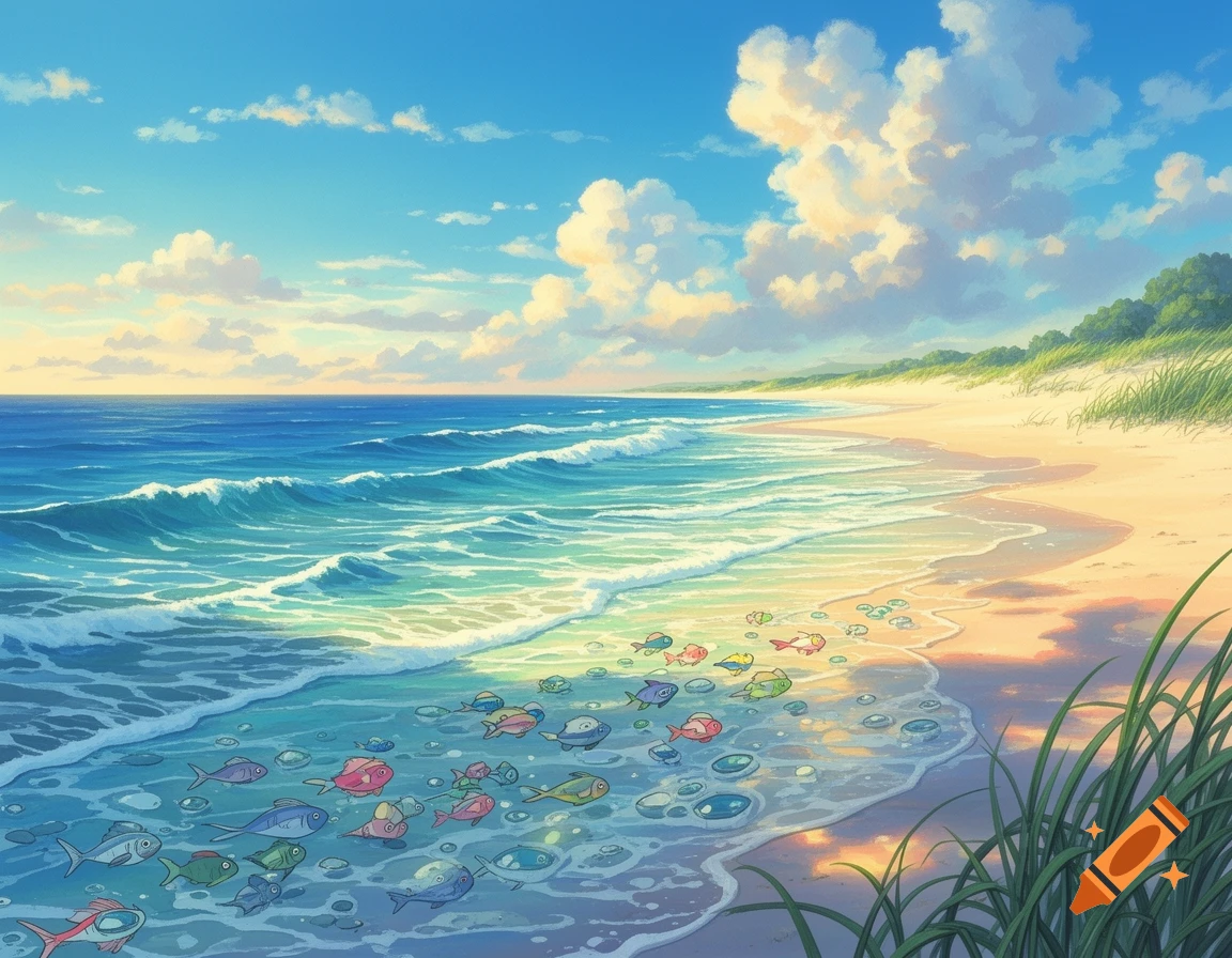 A vibrant anime-style beach scene with blue waves, golden sand, and colorful fish swimming in the clear water.