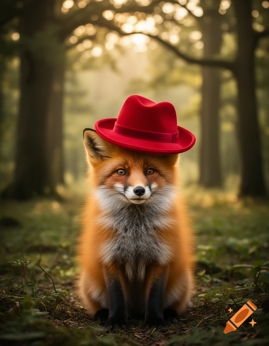 Photorealistic image of a fluffy fox wearing a red fedora, sitting in a sunny forest.