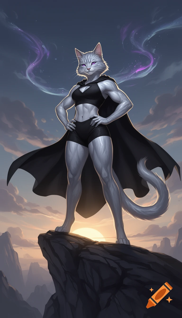 Muscular silver catgirl in black superhero outfit on a cliff against a sunset and purple energy in the sky, in Arcane style.