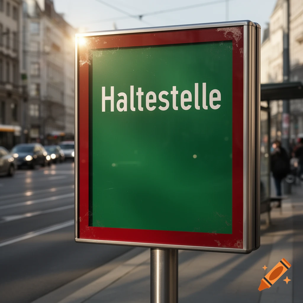 A photorealistic image of a green and red 'Haltestelle' (bus stop) sign on a city street, with cars and buildings in the blurred background.