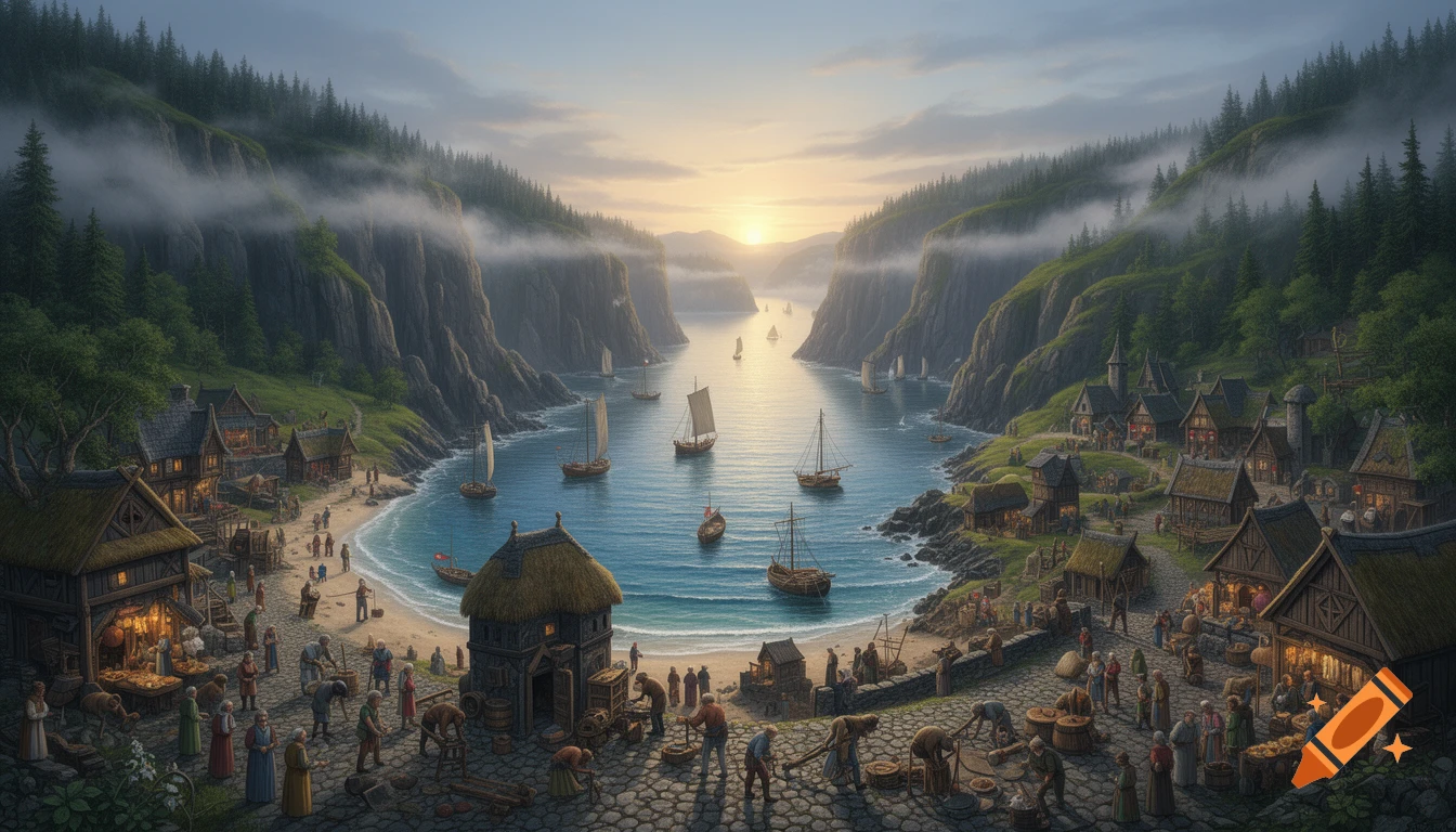 A detailed, bustling medieval village scene set within a fjord, with numerous boats in the water and people on the shore and cobbled streets during sunrise.