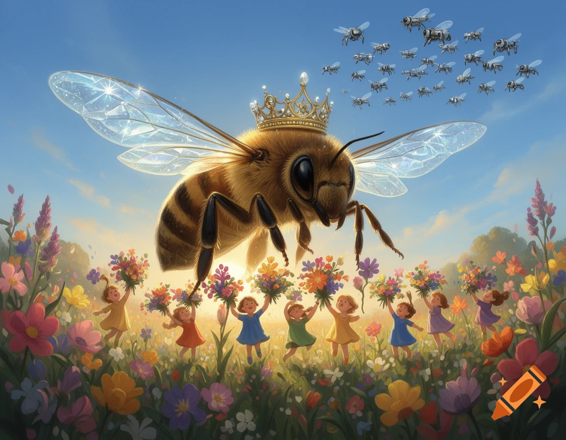 A giant queen bee with crystalline wings and a golden crown flies over a field of flowers where tiny children hold bouquets. Metallic bee-drones fill the sky. Stylized illustration.