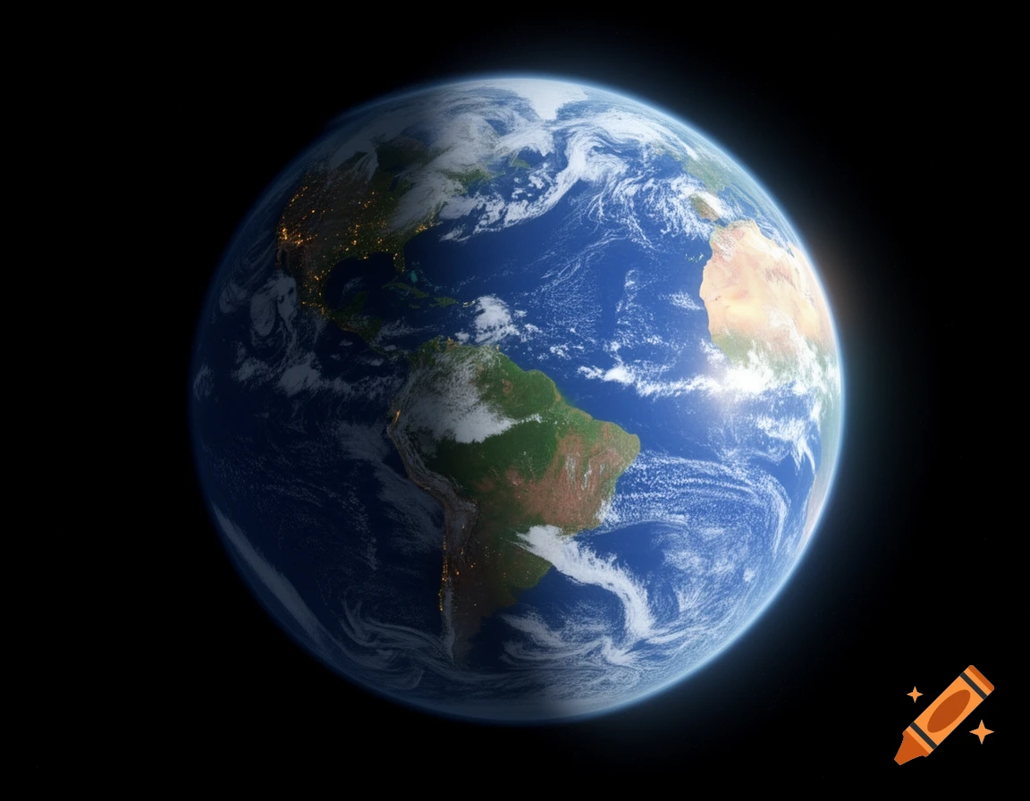 A photorealistic depiction of planet Earth from space, showing continents, clouds, oceans, and city lights on the night side.