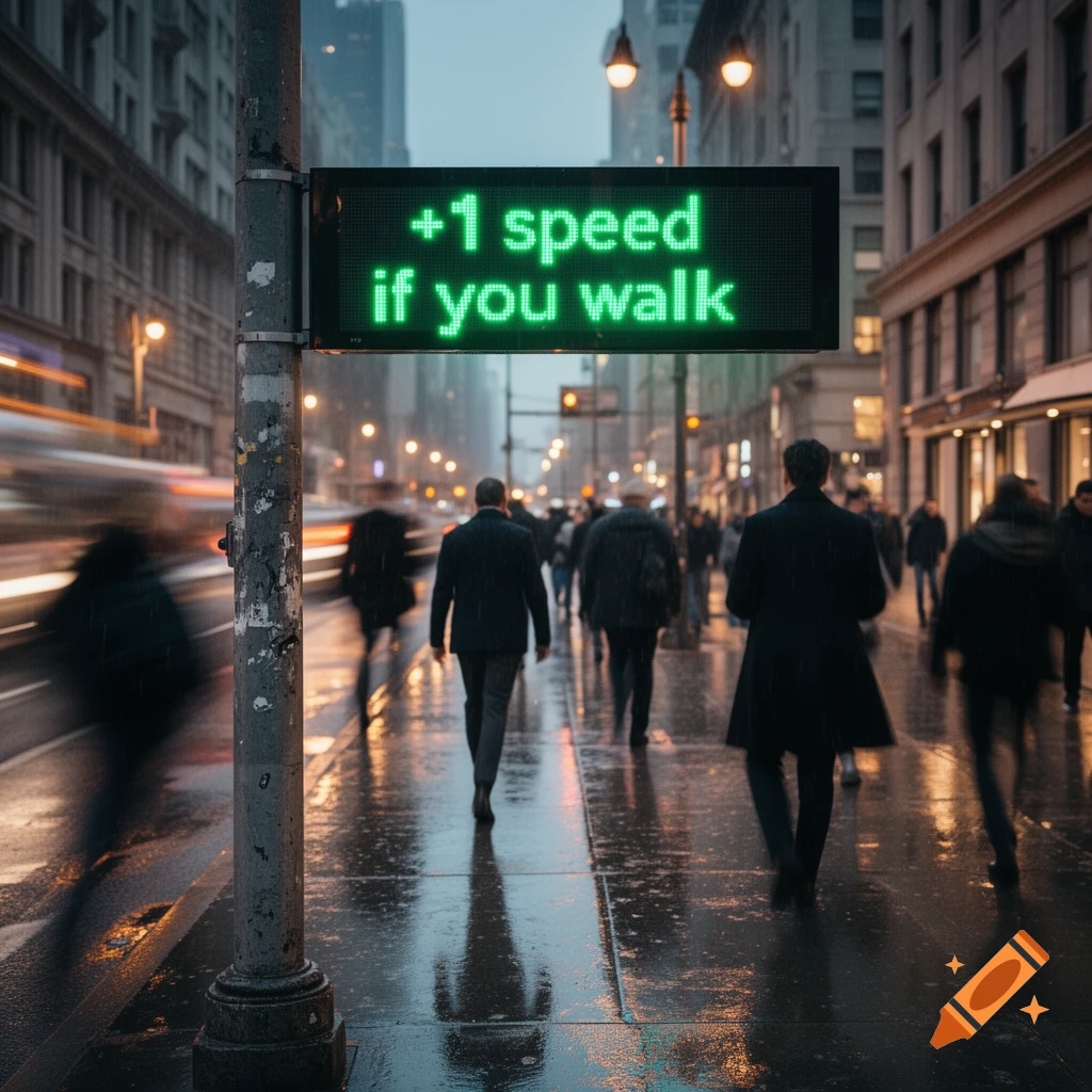 A long-exposure shot of people walking on a wet city street at dusk, with a green LED sign displaying "+1 speed if you walk".