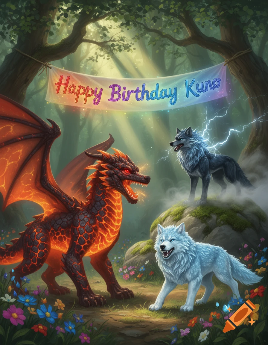A fiery dragon, a white wolf, and a lightning wolf stand in a magical forest under a 'Happy Birthday Kuno' banner.