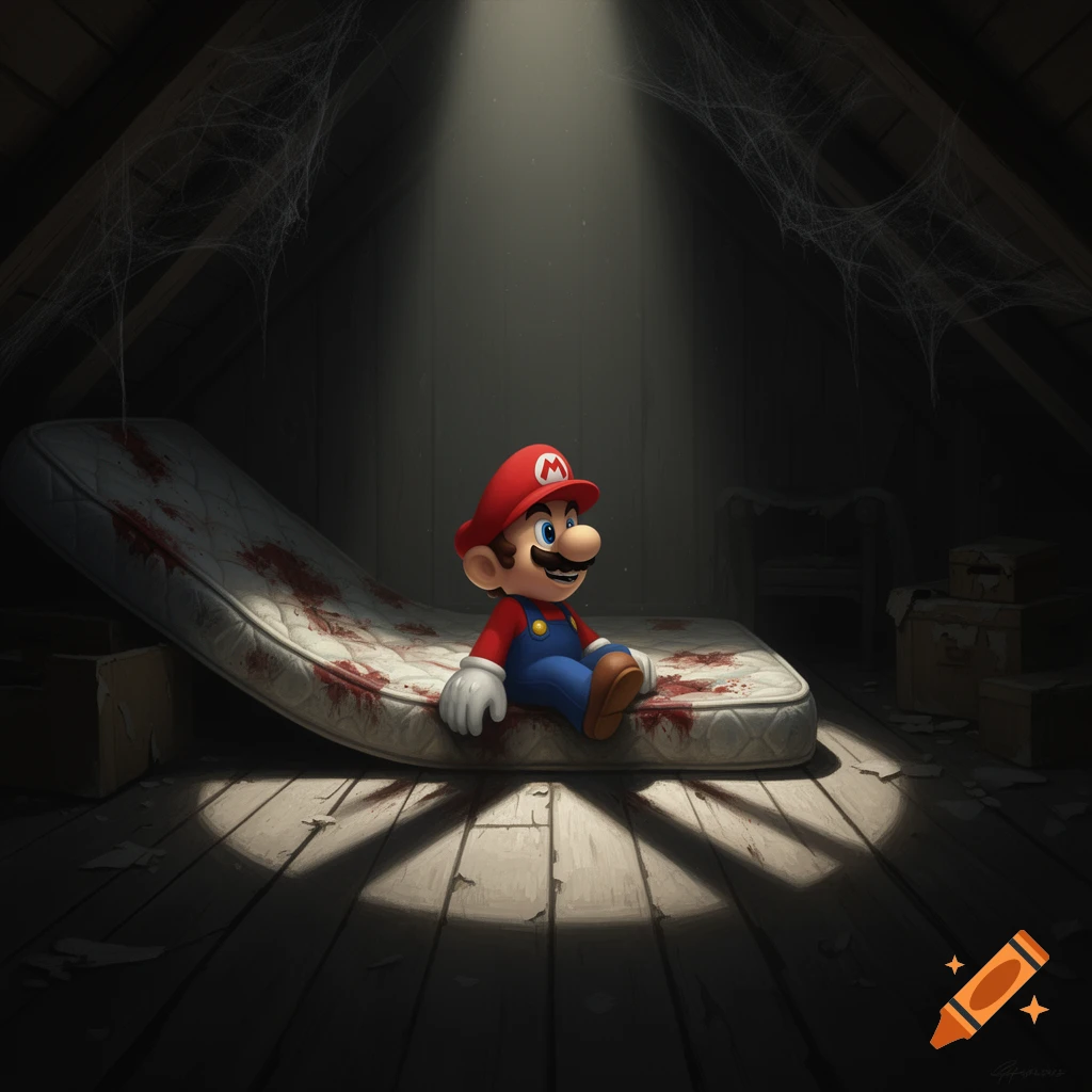 Mario in an attic sits on a blood-stained mattress, illuminated by a single spotlight, creating a scary, horror-themed scene.