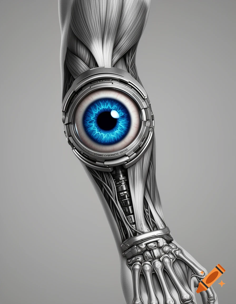 A detailed cybernetic human forearm with exposed muscles and bones, featuring a large, vibrant blue eye embedded in a mechanical housing.