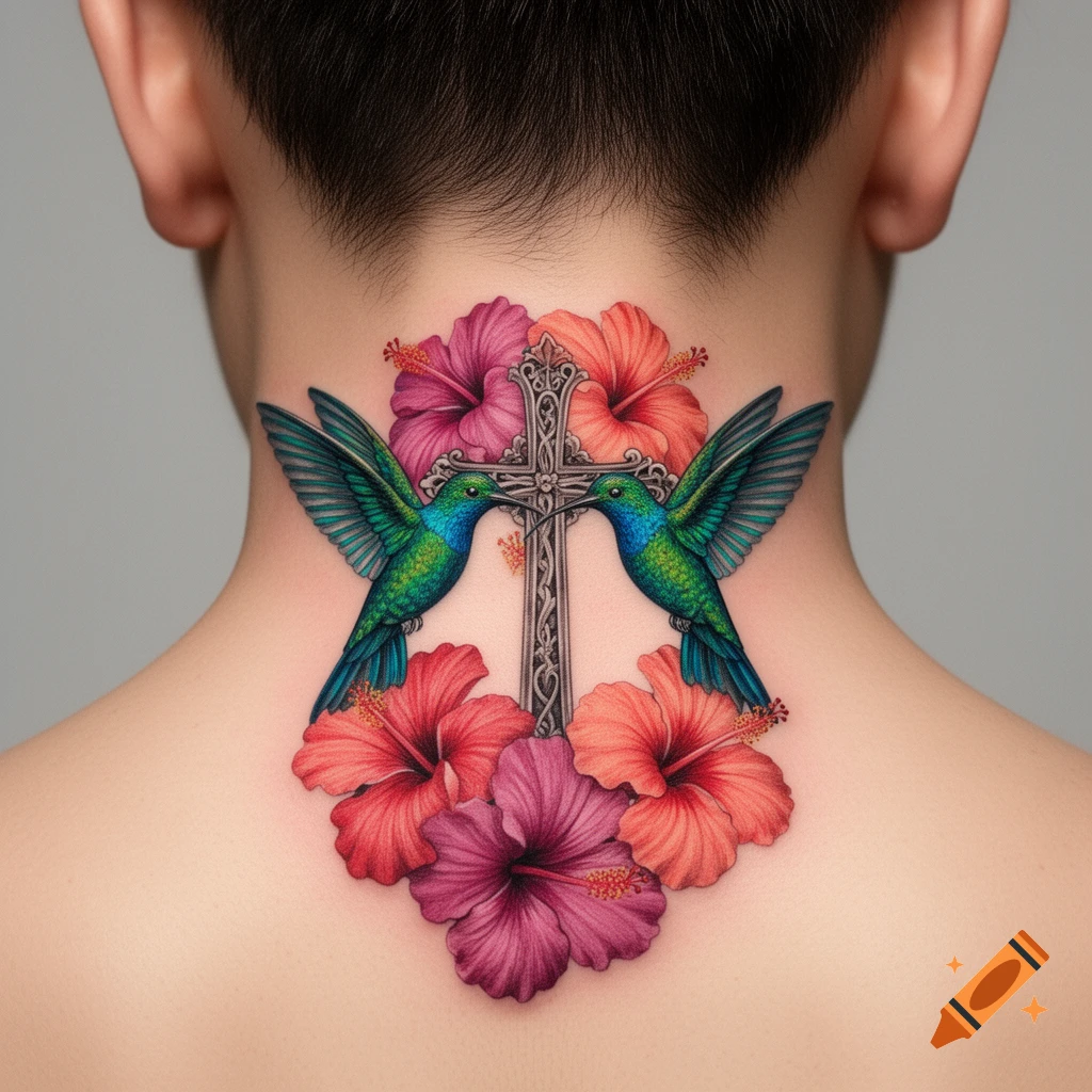 A colorful tattoo on the back of a person's neck featuring a detailed cross, two hummingbirds, and hibiscus flowers.