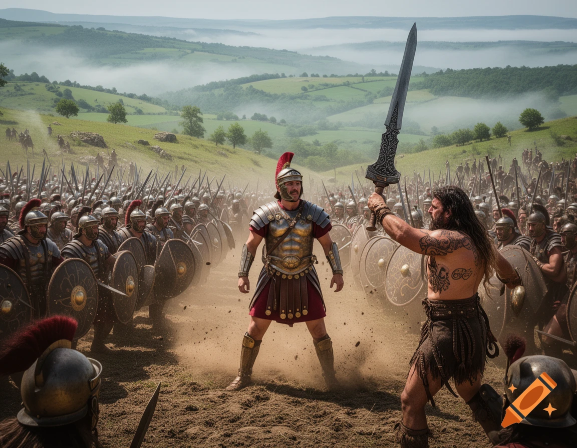 A Roman soldier confronts a long-haired, tattooed barbarian with a sword on a dusty battlefield, backed by armies and misty hills.