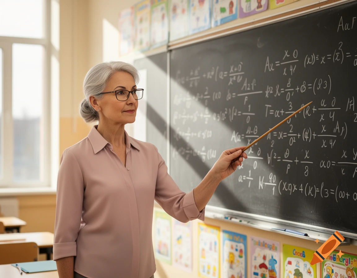 A middle-aged female teacher with gray hair and glasses points to mathematical equations on a blackboard in a classroom.