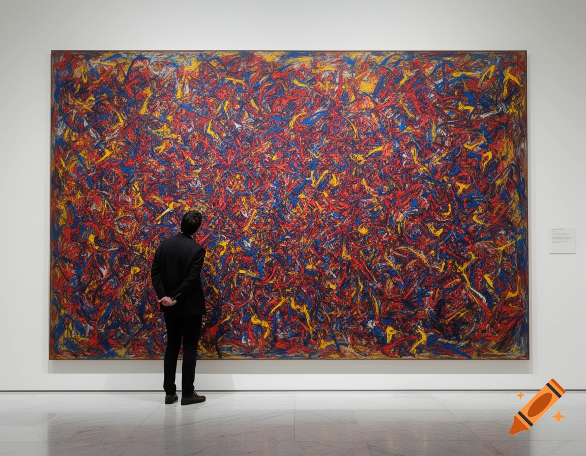 A person in a dark suit stands with hands behind their back, looking at a large abstract painting of red, blue, and yellow strokes in a museum.